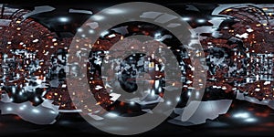 360 degree full panorama environment map of metallic dark room with glowing lights 3d render illustration hdri hdr vr
