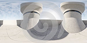 360 degree full panorama environment map of round high futuristic concrete buildings exterior with glass windows and sun