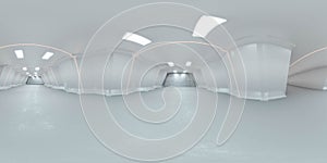 360 degree full panorama view of modern white futuristic technology concept building interior 3d render illustration