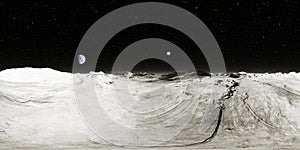 360 degree Moon landscape, equirectangular projection, environment map. HDRI spherical panorama. Space background