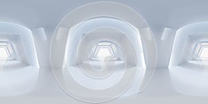 360 degree panorama shperical view of abstract modern futuristic white building interior technology design 3d render