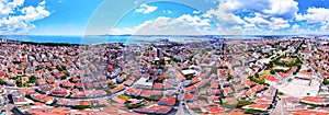360 degree panoramic view aerial view of city of Burgas, Burgas Bay and the seaport, Bulgaria