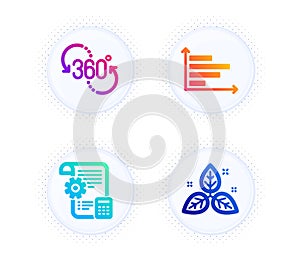 360 degree, Settings blueprint and Horizontal chart icons set. Fair trade sign. Vector