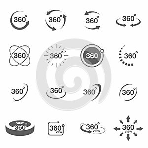 360 degree view related icon set. Signs and arrows for indicate the rotation and panorama