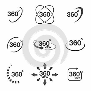 360 degree view related icon set. Signs and arrows for indicate the rotation and panorama, VR technology icons