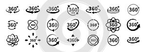 360 degree views of vector circle icons set isolated from the background. Signs with arrows to indicate the rotation or panoramas