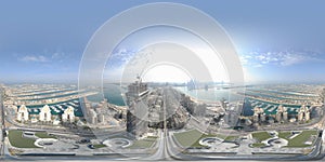 360 degrees aerial panoramic view of the Palm Jumeirah artificial island in Dubai, UAE