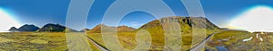 360 degrees Icelandic aerial landscape. 360 panorama of Vestrahorn mountain