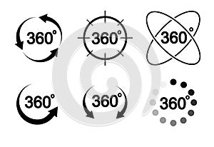 360 degrees view related sign set isolated on transparent background. Abstract concept graphic rotation arrows, panorama