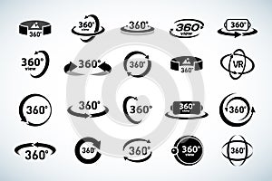 360 Degrees View Vector Icons set. Virtual reality icons. Isolated vector illustrations. Black and white version.