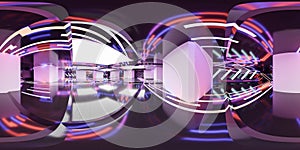 360 full equirectangular panorama dark abstract metal steel hall futuristic lighting 3d rendering illustration
