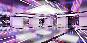 360 full equirectangular panorama dark abstract reflective hall futuristic neon lighting 3d rendering illustration