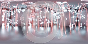 360 full spherical panorama of red and blue futuristic laser beam technology design hall 3d render illustration hdr hdri