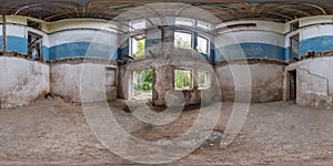 360 hdri panorama in abandoned empty concrete room or unfinished three-storey building with sawn down ceilings and partitions in