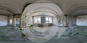 360 hdri panorama in abandoned interior of large empty room as warehouse or hangar with windows with dampness and black-green mold