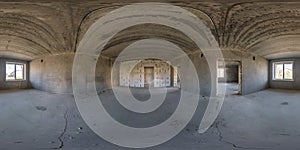 360 hdri panorama in abandoned interior of large empty room with windows with dampness and mold in seamless spherical