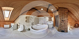 360 hdri panorama in interior of wooden bathroom in rustic style in mansard apartments with washbasin in equirectangular