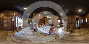 360 hdri panorama in interior of wooden eco bedroom in rustic style homestead in equirectangular projection with zenith and nadir