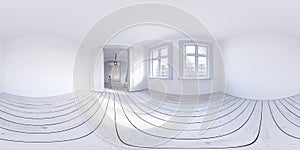 360 interior of empty scandinavian apartment interior without furniture with large wall and landscape in window