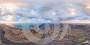360 panorama by 180 degrees angle seamless panorama of aerial view of Dubai Downtown skyline and highway, United Arab Emirates or