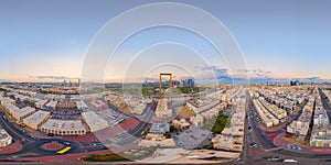 360 panorama by 180 degrees angle seamless panorama of aerial view of Dubai Frame, Downtown skyline, United Arab Emirates, UAE.