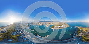 360 panorama by 180 degrees angle seamless panorama of aerial view of Mountain Fuji near industrial area, factory, Japanese port