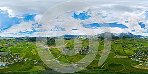 360 panorama by 180 degrees angle seamless panorama view of Fansipan mountain with paddy rice terraces, green agricultural fields