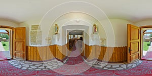 360 panorama of the Catholic chapel entrance in VÃ¡rmezÅ‘ CÃ¢mpu CetÄƒÈ›ii / Burgfeld, Transylvania, Romania