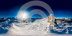 360 Panorama of Ra Gusela Passo Giau over a blue sky, near Cortina D`Ampezzo, Italy