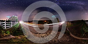 360 panorama of rural roadside at midnight