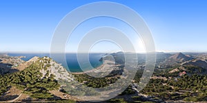 360 panorama of Tsambika beach with Church and rocky mountains near Kolympia on Rhodes island, Dodecanese, Greece