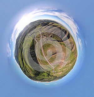 360 pherical panorama little planet aerial drone view to mountain