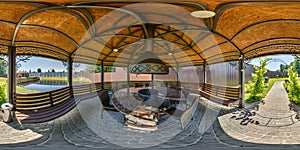 360 seamless hdri panorama view inside gazebo near river or lake with fireplace, table and chairs in equirectangular spherical