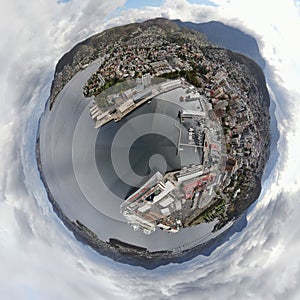 360 view of Hobart port from the air with the mountain in the distance