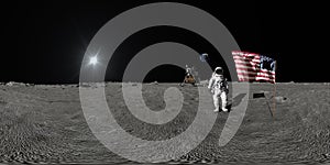 360 vr. Astronaut walking on the moon and saluting the American flag.. CG Animation. Some Elements of this video