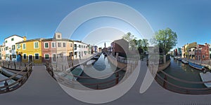 360 VR Burano picturesque townscape with canal, church and colored houses, Italy