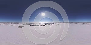 360 VR drone aerial view of cold winter landscape arctic field, trees covered with frost snow, ice river and sun rays