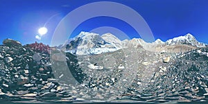 360 vr of the Everest Base camp at Khumbu glacier. Khumbu valley, Sagarmatha national park, Nepal of the Himalayas. EBC