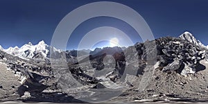 360 vr panoramic view of sunset over Kala Patthar. Mount Everest and Khumbu valley, Nepal of the Himalayas. Gorak Shep