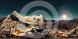 360 vr panoramic view of sunset over Kala Patthar. Mount Everest and Khumbu valley, Nepal of the Himalayas. Gorak Shep