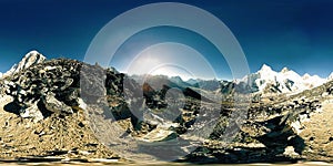 360 vr panoramic view of sunset over Kala Patthar. Mount Everest and Khumbu valley, Nepal of the Himalayas. Gorak Shep