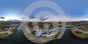 360° aerial view of the river arts district in Asheville, North Carolina