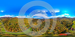 360° panoramic aerial view of autumn mountains in Western North Carolina