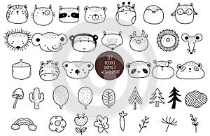 37 Woodland Animals Bundle Coloring Forest , Head Animal, Big collection of decorative for kids,baby characters, card,hand drawn,