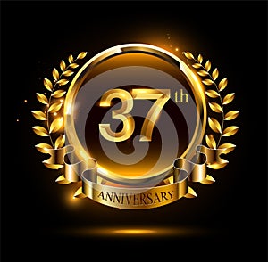 37th golden anniversary logo with ring & ribbon, luxury laurel wreath