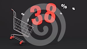 38 percent discount flying out of a shopping cart on a black background. Concept of discounts, black friday, online sales. 3d