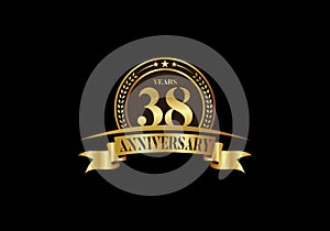 38 th years anniversary logo template, vector design birthday celebration, Golden anniversary emblem with ribbon.