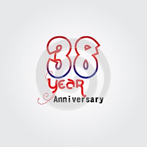 38 years anniversary celebration logotype. anniversary logo with red and blue color isolated on gray background, vector design for