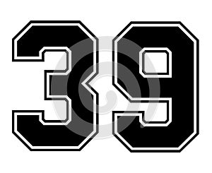 39 Classic Vintage Sport Jersey Number in black number on white background for american football, baseball or basketball