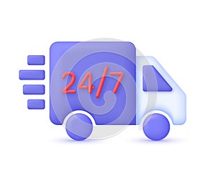 3D 24,7 hours delivery illustration. Express delivery, shipping, truck icon, quick move. Fast delivery concept.